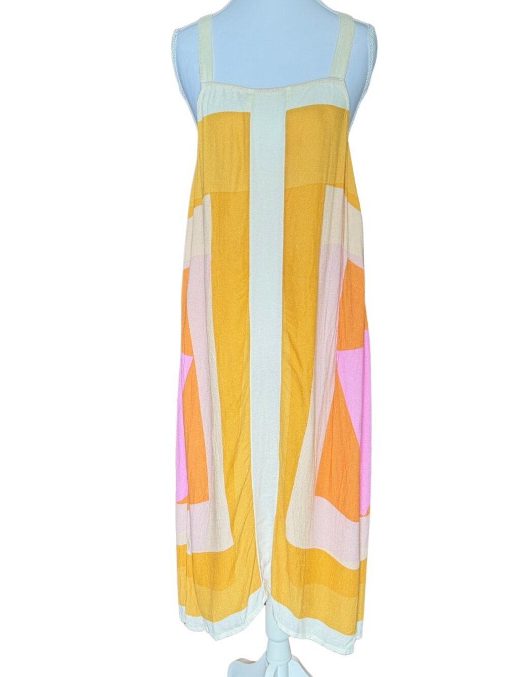 ONeill Womens M Geometric Colorblock Midi Dress Yellow Pink Orange Viscose Flowy